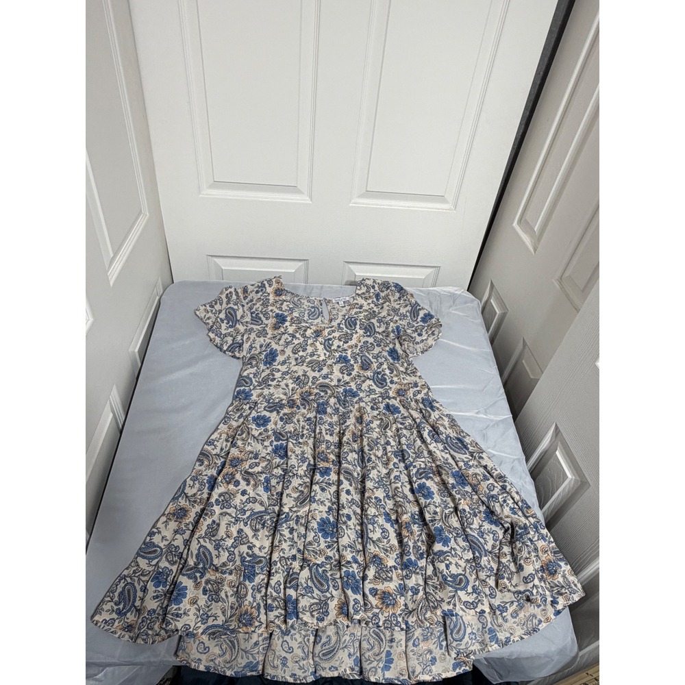 Patrons of Peace Womens Blue Gold Paisley Floral Babydoll Mini Dress Medium Boho
